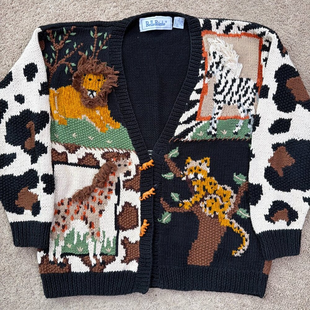 Belle Pointe Novelty Button Up Cardigan Sweater Animal Zoo Jungle Size Small
